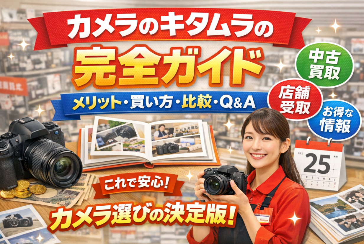 カメラのキタムラでのカメラ購入・比較・中古買取・店舗受取などの情報を紹介するブログ用アイキャッチ画像