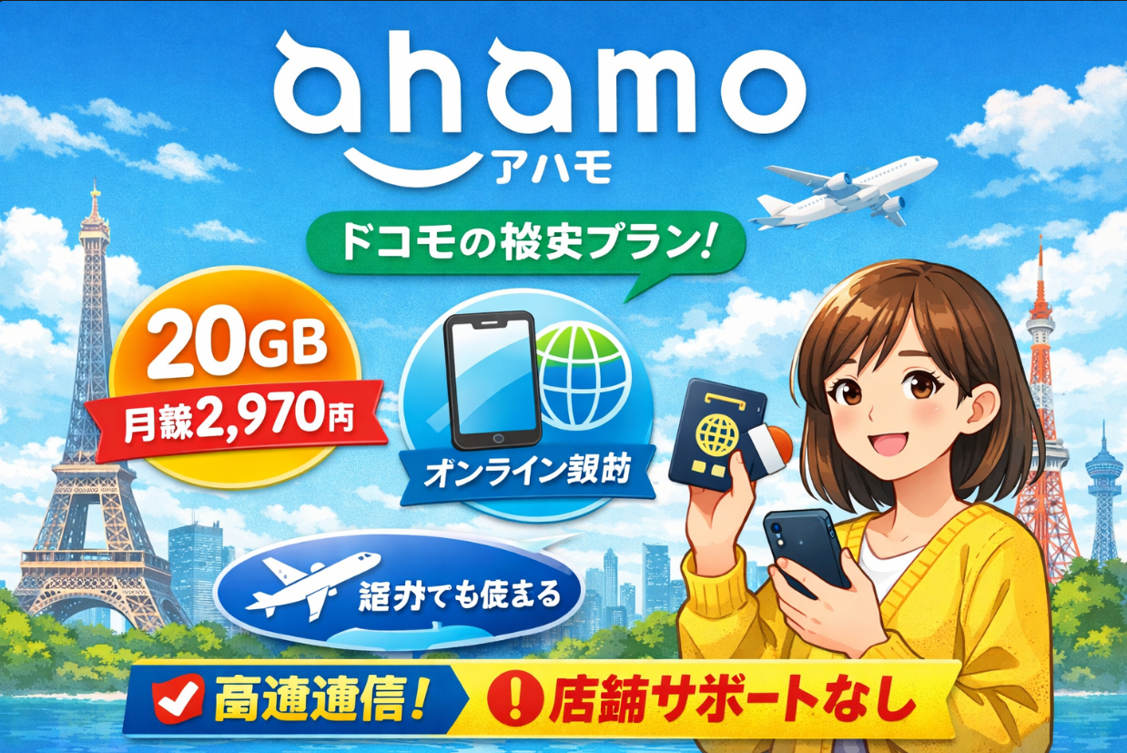 ahamoのオンライン専用プランを紹介するプロモーションバナー。スマホを持つビジネスマンと20GB高速通信をイメージしたアイコン入り。